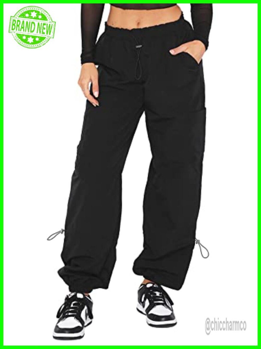 Womens Parachute Cargo Pants Baggy Wide Leg Drawstring Y2K Streetwear